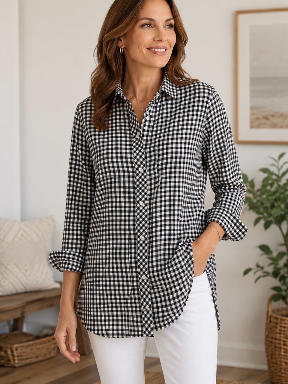 J. Jill Black & White Gingham Button-Down Tunic